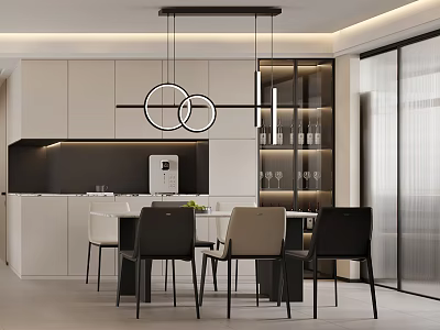 Modern Dining Room Interior With Dining Table Chairs Circular Pendant Lights Glass Doors And Cabinets 3d model