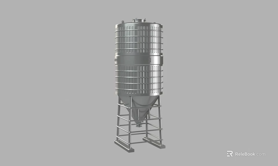 Industrial Vertical Stainless Steel Tank With Metal Frame Support And Conical Bottom 3d model 