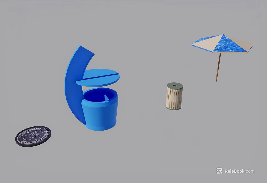 Outdoor Public Facilities With Blue Trash Can Umbrella And Ground Cover 3d model 