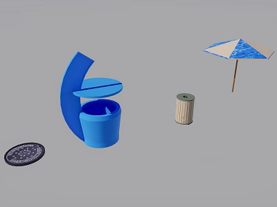 Outdoor Public Facilities With Blue Trash Can Umbrella And Ground Cover 3d model