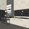 Modern Restaurant Kitchen Interior With Large Window Pendant Lights Island Counter And Black Cabinets