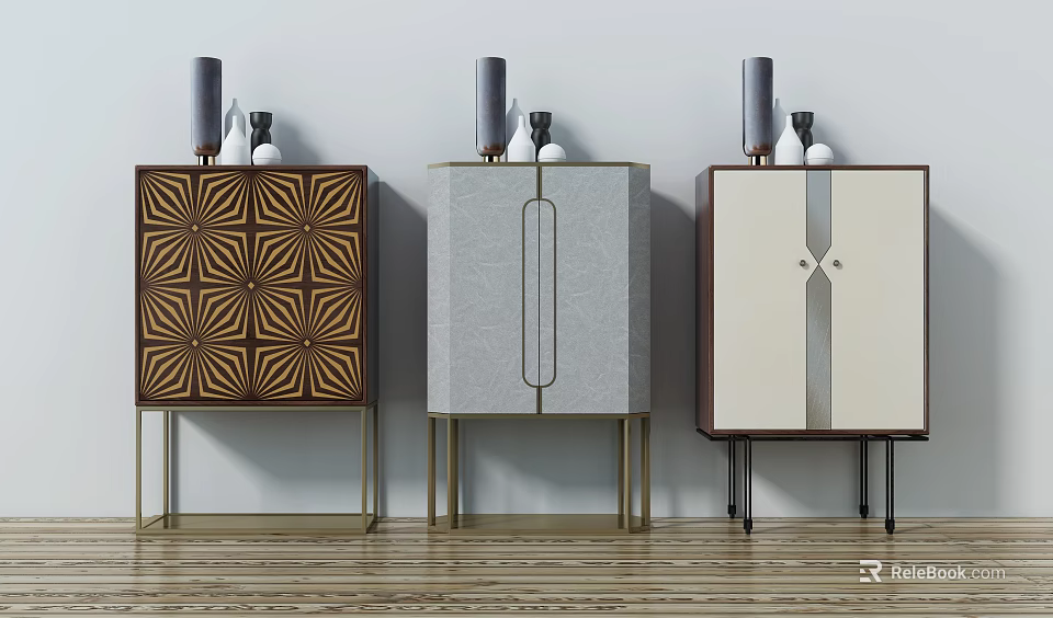 Different Designed Entryway Cabinet Sideboard With Geometric Patterns Metal Legs And Decorative Items 3d model 