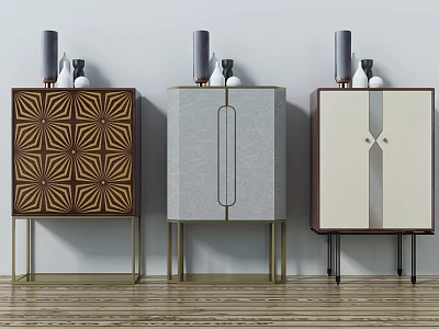 Different Designed Entryway Cabinet Sideboard With Geometric Patterns Metal Legs And Decorative Items 3d model