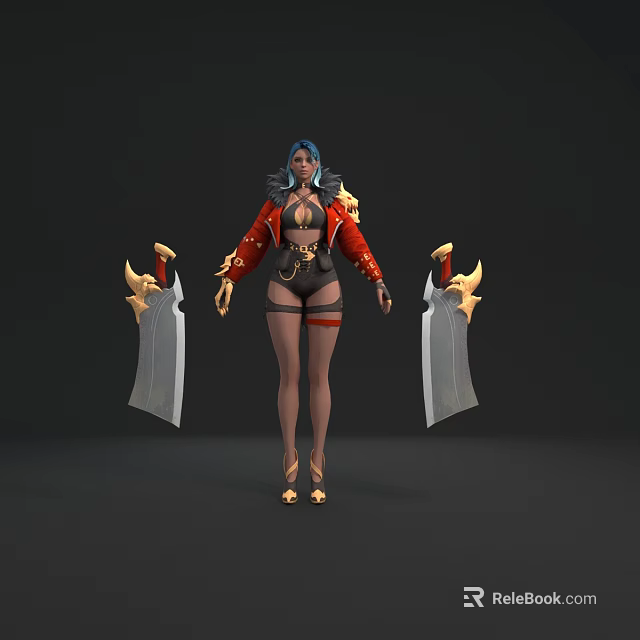 Game and Movie Character with Blue Hair Red Coat Black Undergarment and Golden Decorated Blades 3d model 
