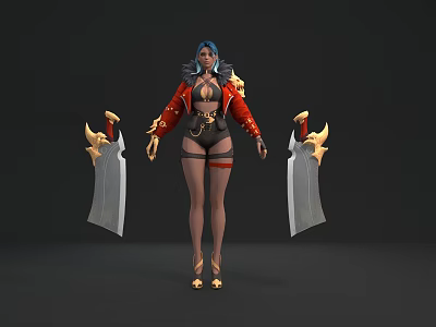 Game and Movie Character with Blue Hair Red Coat Black Undergarment and Golden Decorated Blades 3d model