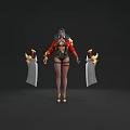 Game and Movie Character with Blue Hair Red Coat Black Undergarment and Golden Decorated Blades