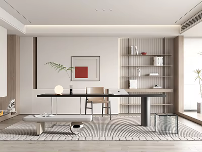 Modern Study Room Interior With Wooden Desk Bookshelf And Decorative Art 3d model