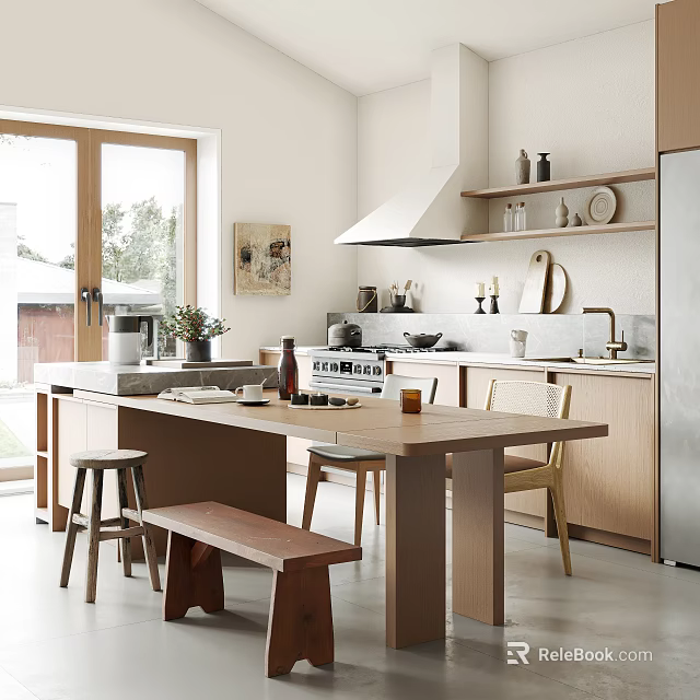 Modern Restaurant Open Kitchen Interior With Island Counter And Dining Seats 3d model 
