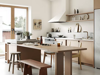 Modern Restaurant Open Kitchen Interior With Island Counter And Dining Seats 3d model