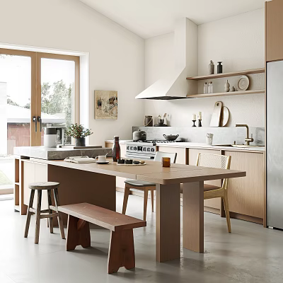Modern Restaurant Open Kitchen Interior With Island Counter And Dining Seats 3d model