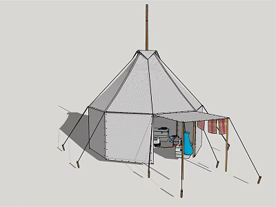 Conical Canvas Tent With Support Poles Side Awning And Hanging Striped Cloth 3d model