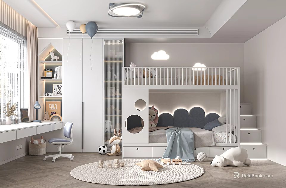 Kids Room Interior With White Bunk Bed Storage Desk Stuffed Toys And Rug 3d model 