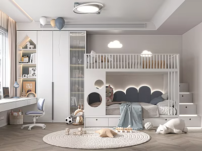 Kids Room Interior With White Bunk Bed Storage Desk Stuffed Toys And Rug 3d model