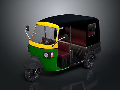 Green Yellow Black Motorized Rickshaw With Seats Windshield And Side Mirrors 3d model