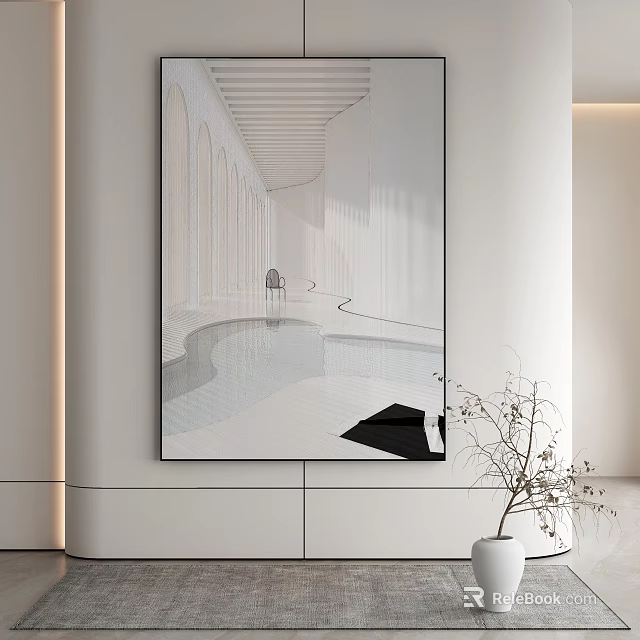 Black And White Abstract Painting On White Wall With White Vase And Dried Branches 3d model 