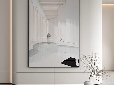 Black And White Abstract Painting On White Wall With White Vase And Dried Branches 3d model