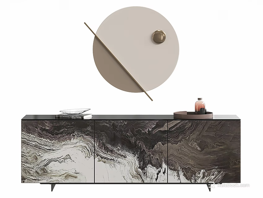 Modern TV Stand With Marble Pattern Surface And Decorative Items On Top 3d model