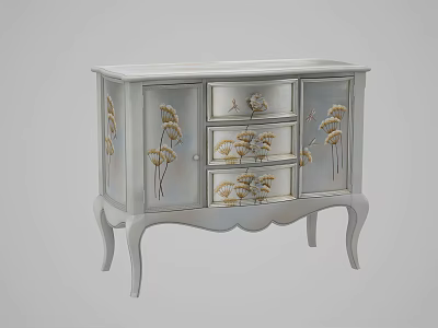 Elegant White Entryway Side Cabinet With Golden Floral Decor Drawers Doors And Curved Legs 3d model