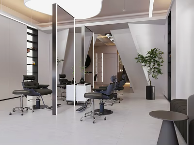 Modern Hair Salon Interior With Open Layout Black Chairs Mirrors And Green Plants 3d model