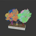 Two Green Trees Planted In White Rectangular Base With Brown Soil And Small Orange Decoration