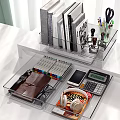 Organized Desk With Clear Organizers Books Stationery Calculator Phone And Headphones