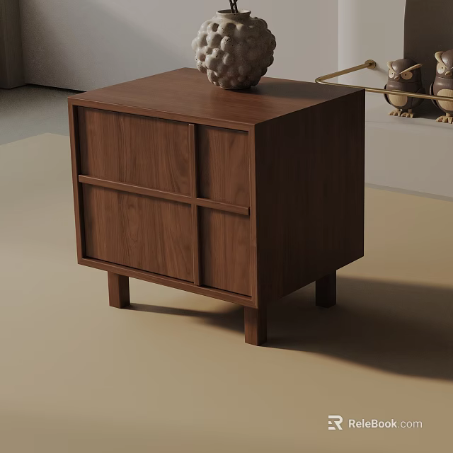 Minimalist Wooden Nightstand Design With Dark Brown Walnut Finish Drawers And Decorative Owl Figurines 3d model 