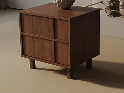 Minimalist Wooden Nightstand Design With Dark Brown Walnut Finish Drawers And Decorative Owl Figurines 3d model