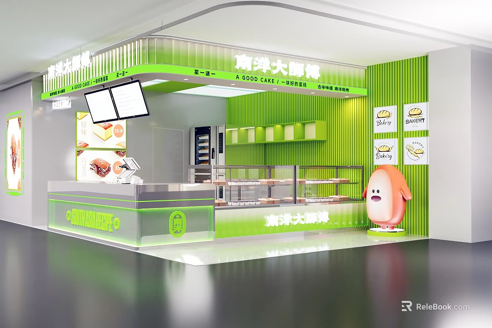 Green Themed Milk Tea Shop Interior With Counter Menu Boards And Cartoon Character 3d model 