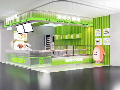 Green Themed Milk Tea Shop Interior With Counter Menu Boards And Cartoon Character 3d model