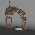 Ornate Arched Entrance Gate With Wooden Frame Decorative Top And Side Lanterns