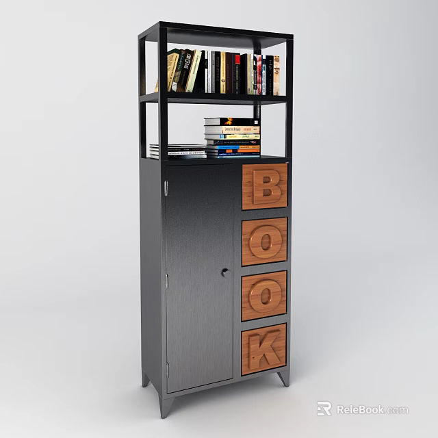 Stylish Black and Wooden Bookcase with B O O K Letter Drawers and Shelved Books 3d model 