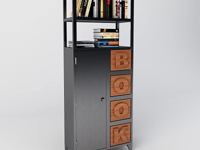 Stylish Black and Wooden Bookcase with B O O K Letter Drawers and Shelved Books 3d model