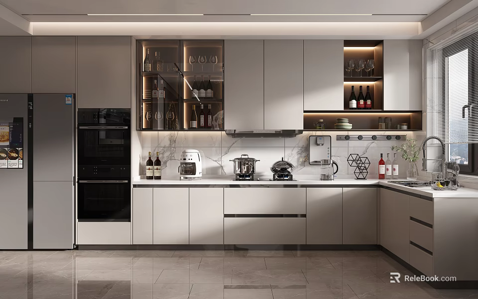 Modern Kitchen Interior With White Cabinets Marble Countertops Stainless Steel Appliances And Display Shelves 3d model 