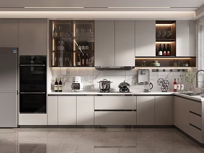 Modern Kitchen Interior With White Cabinets Marble Countertops Stainless Steel Appliances And Display Shelves 3d model