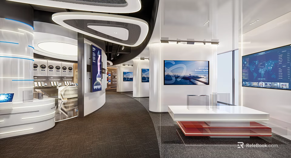 Modern Exhibition Hall Interior Design With Curved Walls Large Screens And White Display Tables 3d model 