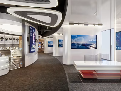 Modern Exhibition Hall Interior Design With Curved Walls Large Screens And White Display Tables 3d model