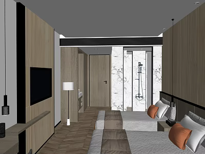 Modern Hotel Room Interior With Twin Beds Wooden Furniture Floor Lamp And Marble Accents 3d model