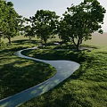 Park Landscape With Winding Pathway Lush Trees Green Grass And Meandering Stream