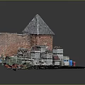 Red Brick Building With Pointed Roof Surrounded By Stacked Wooden Crates Barrels And Debris