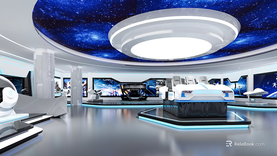 Futuristic Exhibition Hall Featuring Starry Ceiling Circular Light White Pillars Vehicle Models And Blue Lighting 3d model 