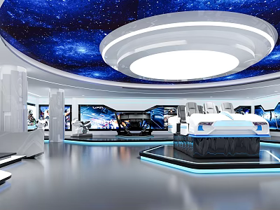 Futuristic Exhibition Hall Featuring Starry Ceiling Circular Light White Pillars Vehicle Models And Blue Lighting 3d model