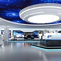 Futuristic Exhibition Hall Featuring Starry Ceiling Circular Light White Pillars Vehicle Models And Blue Lighting