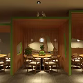 Modern Restaurant Interior With Wooden Partitions Green Accents Pendant Lights And Round Tables