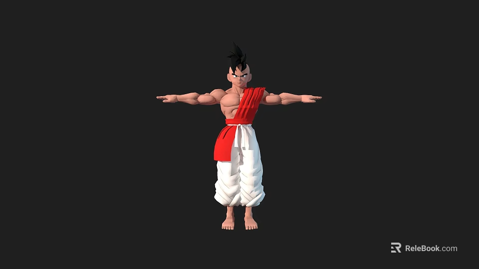 Muscular Game Movie Character With Red Sash White Pants Black Hair In Arms Outstretched Pose 3d model 