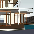 Modern Single Family House With Sloped Roof Large Glass Windows And Stone Wall