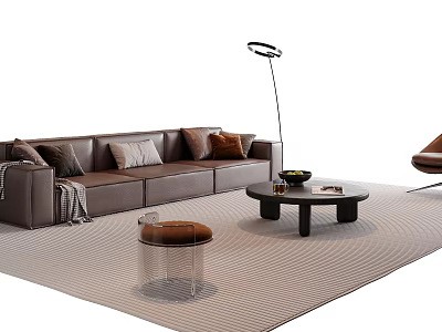 Brown Leather Sofa Coffee Table With Cushions Black Round Table Floor Lamp On Textured Rug 3d model