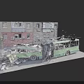 Damaged Green Tram Surrounded By Debris Near Collapsed Building In Urban Area