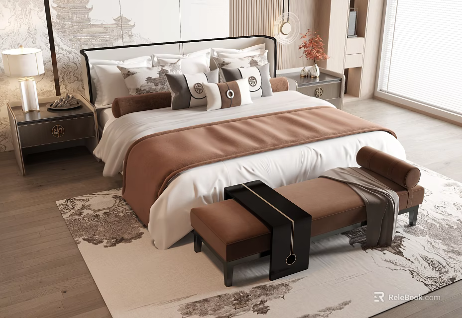 Elegant Double Bed With Decorative Pillows Bed Bench And Patterned Area Rug 3d model