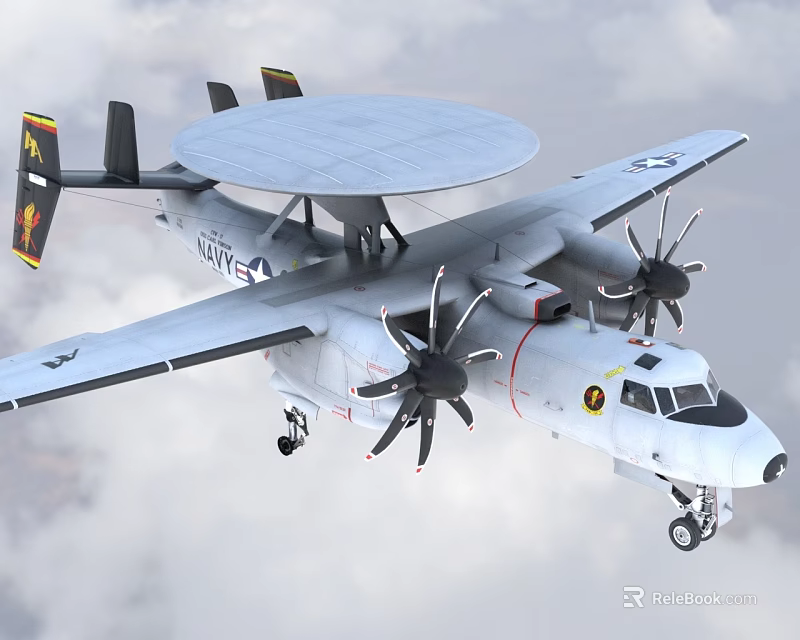 White Military Fighter Jet With Large Disc Radar Propeller Engines And Tail Emblem In Flight 3d model 