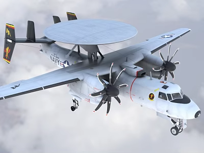 White Military Fighter Jet With Large Disc Radar Propeller Engines And Tail Emblem In Flight 3d model